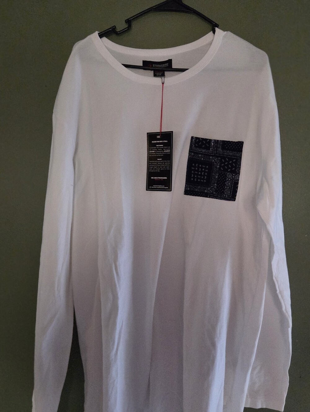Men's Long-Sleeve White Tee with Navy Blue Patterned Chest Pocket